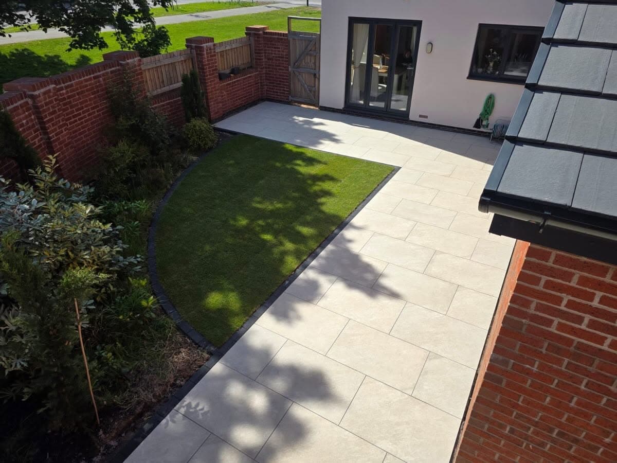 Completed light paved patio and landscaped garden